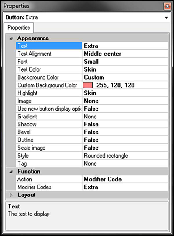 Button properties panel, Function group bar, showing Modifier Code from Action drop down list.