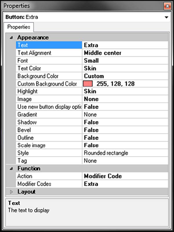 Button properties panel, Appearance group bar, Fuction group bar