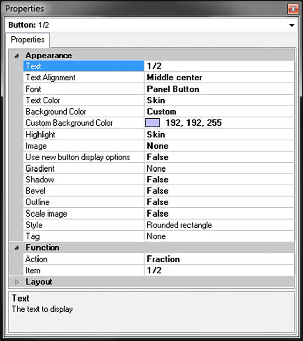 Sample dialog box of one half button properties