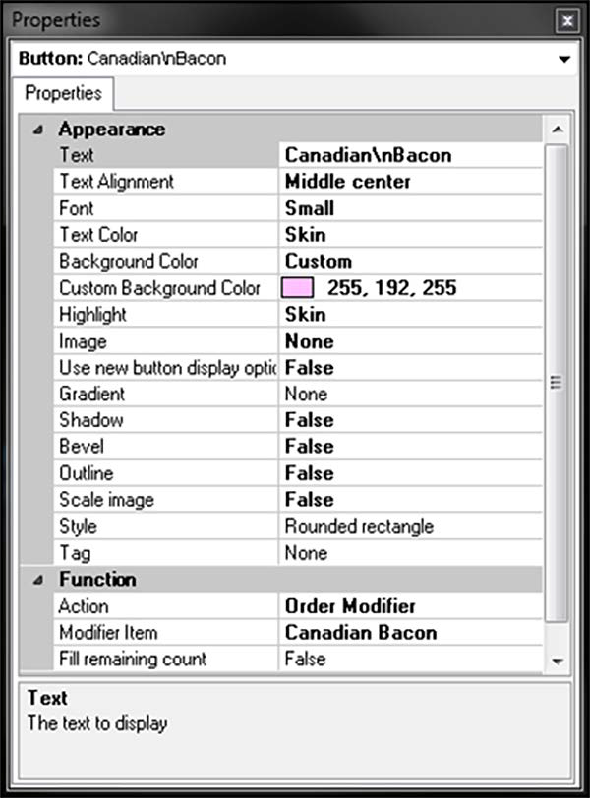 Button properties panel, Function group bar showing Order modifier from action drop down list.