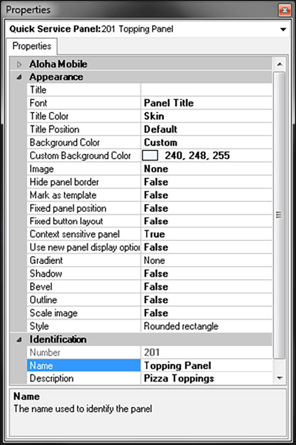 Button properties panel, Appearance group bar 'context sensitive panel'drop down showing True, Identification group bar showing Descriptive name.