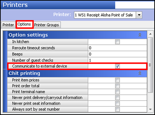 Printers screen with options tab selection