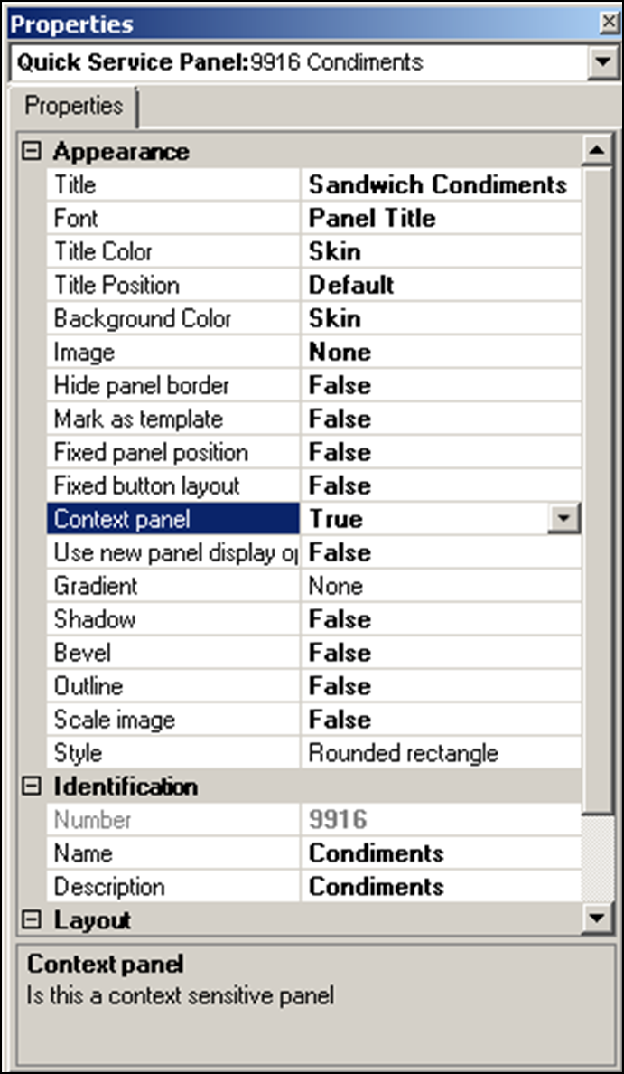 Properties dialog box when creating anew panel