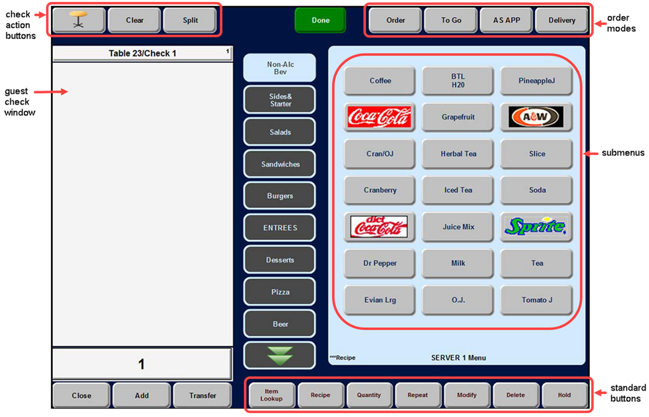 Default order entry screen for Table Service