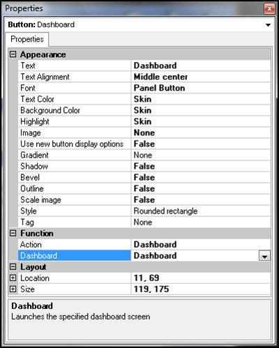 Dashboard button properties on submenu panel