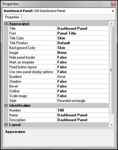 Properties tab in dashboard panel