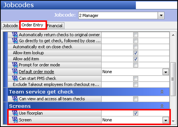 Order entry tab in the jobcodes function