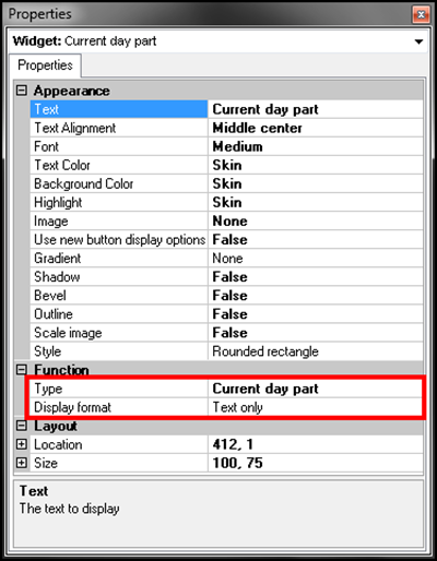 Current day part widget properties