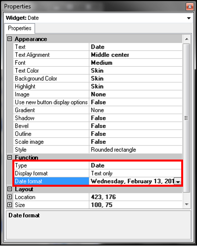 Date widget properties