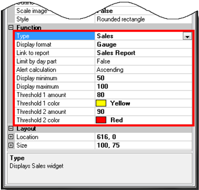 Sales widget properties