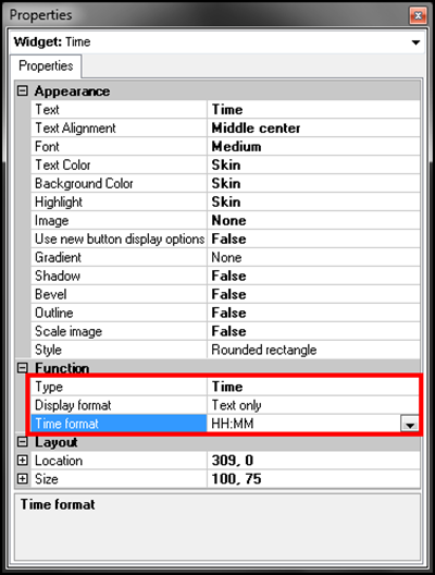 Time widget properties