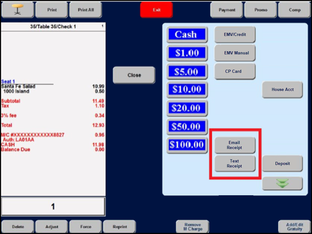 Table Service Close Screen with new buttons