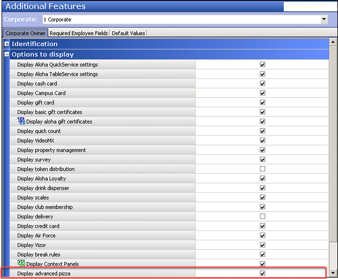 Sample of Additional Features function, Corporate Owner tab, 