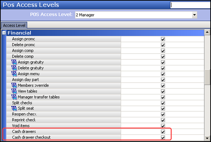 Select an access level requiring access to perform cash drawer functions
