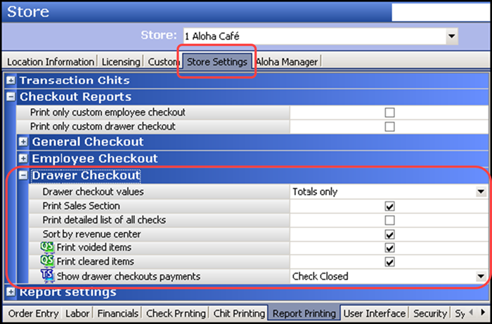 Select the Report Printing group at the bottom of the screen