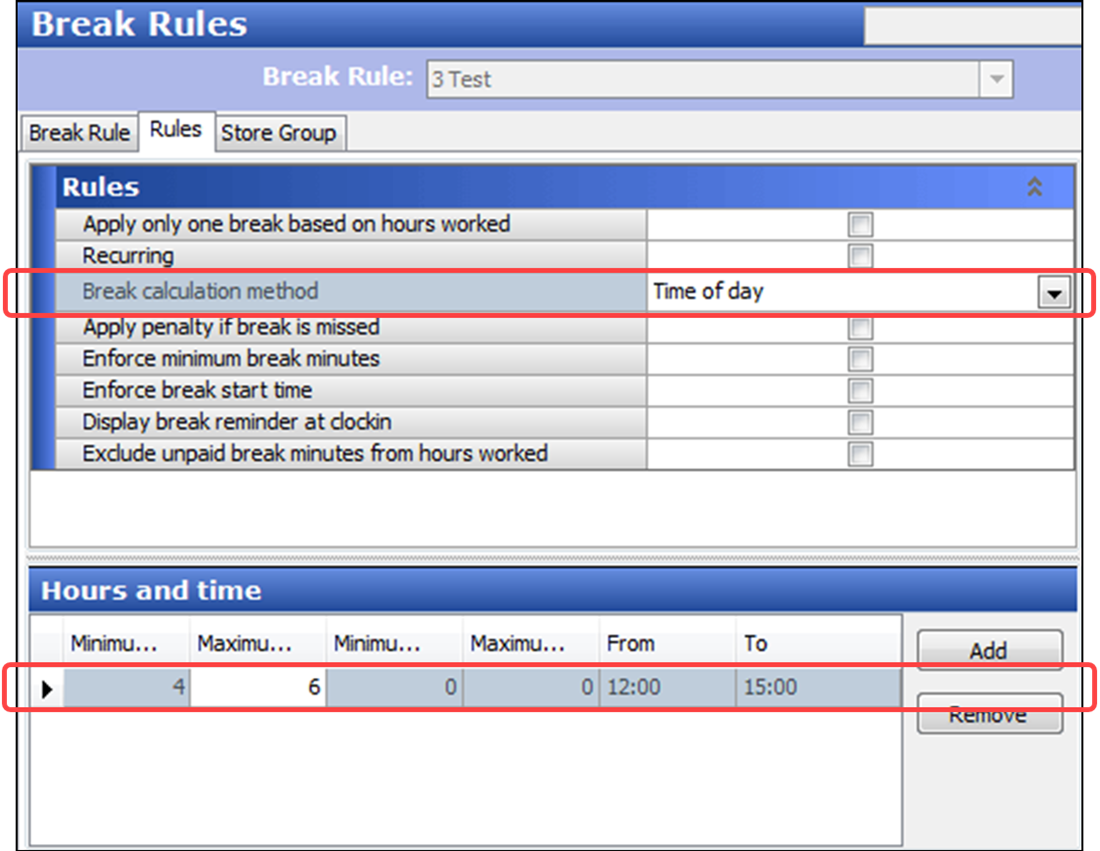 Configuring a break rule to establish a time frame to start a break