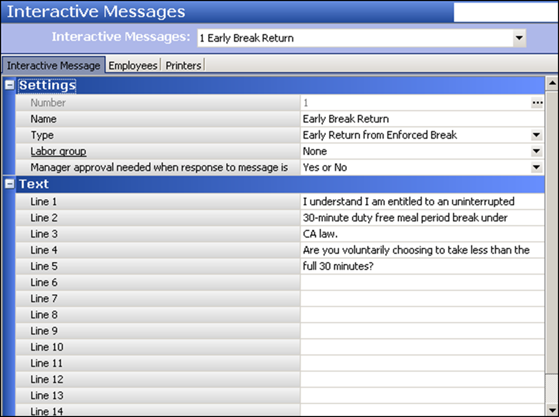 Configuring an interactive message for early break return