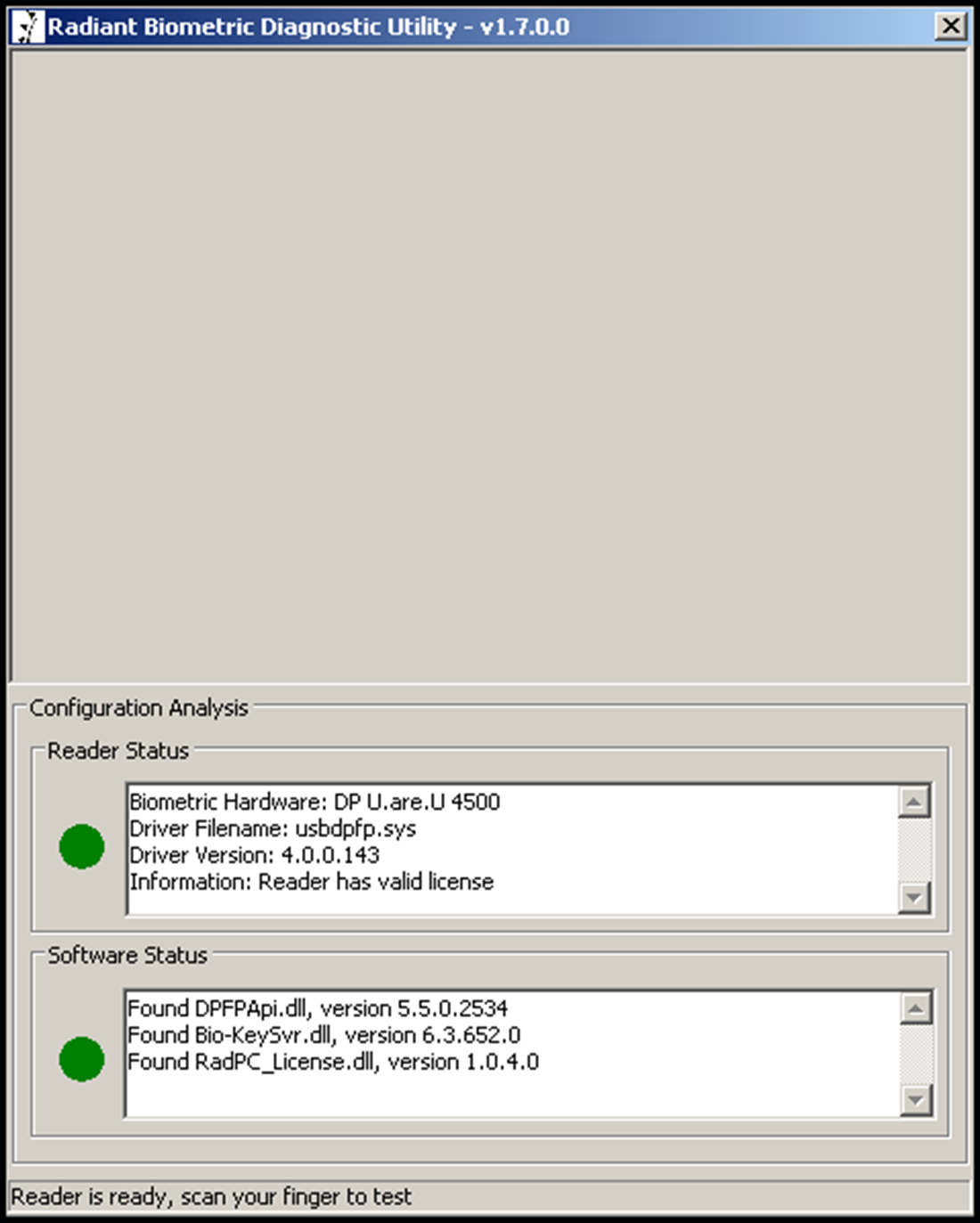 Radiant Biometric Diagnostic utility dialog box