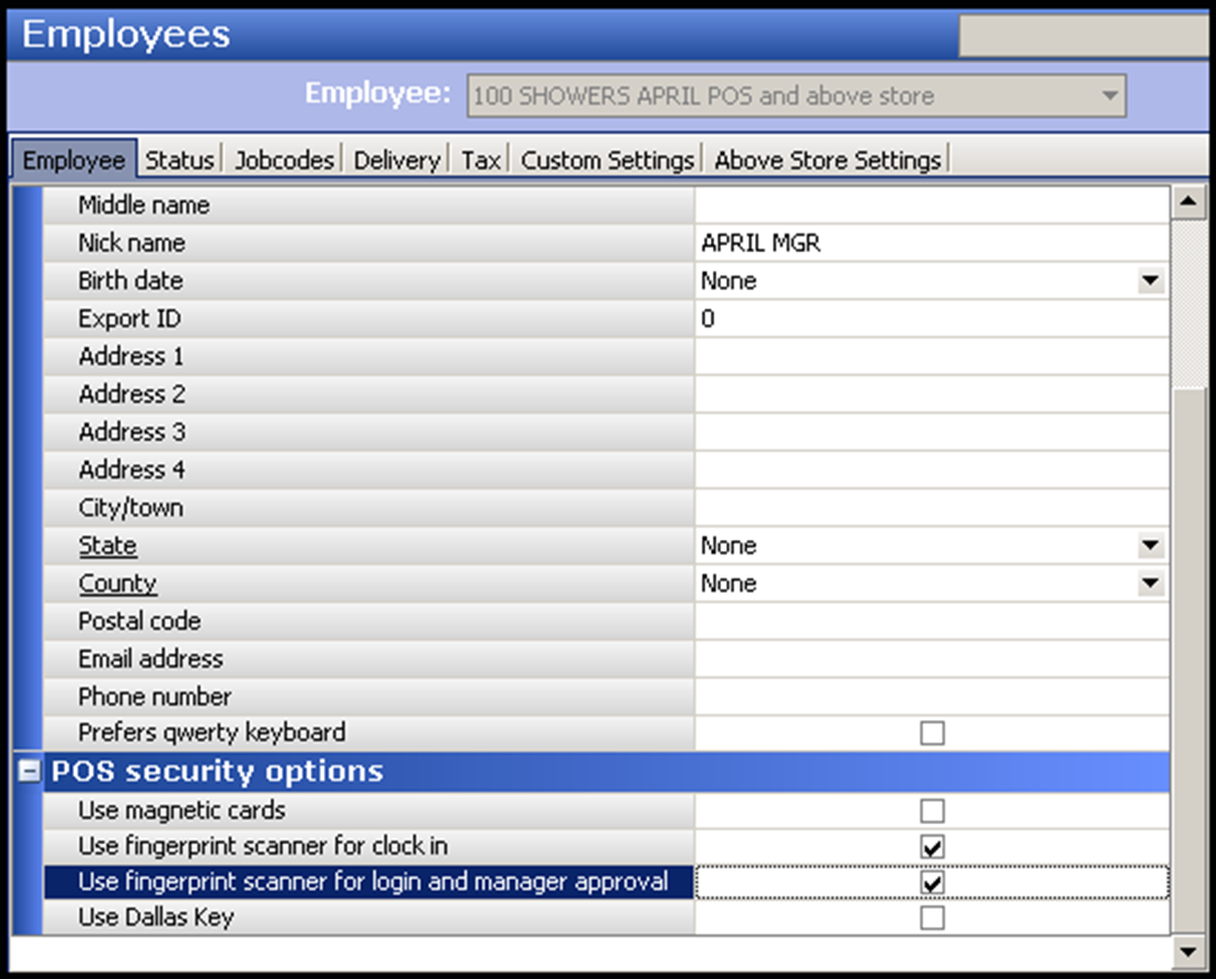 Example employees tab in Labor maintenance category