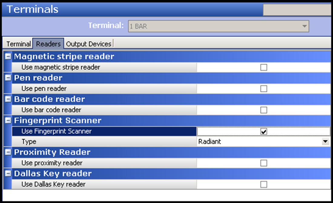 Sample terminals tab in maintenance category to enable fingerprint scanner