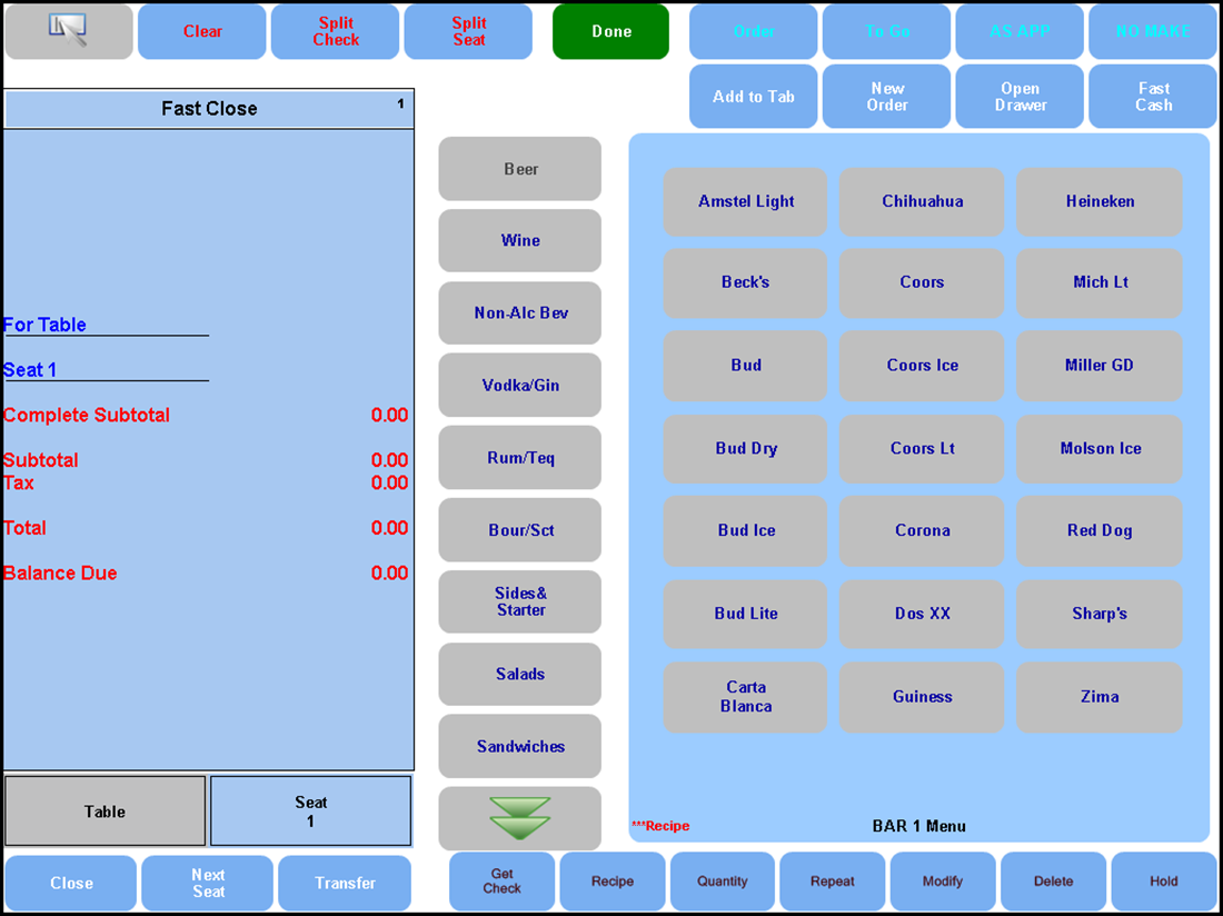 Example of a FOH Home Screen Table Service