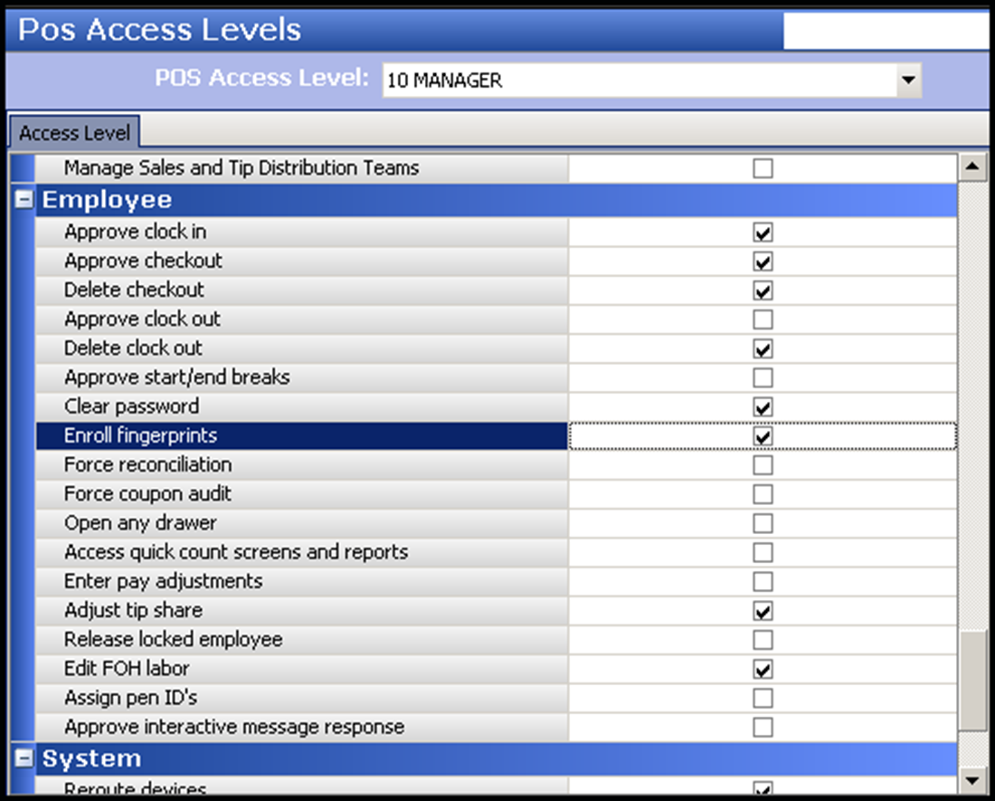 Sample of POS access levels in the Labor category maintenance