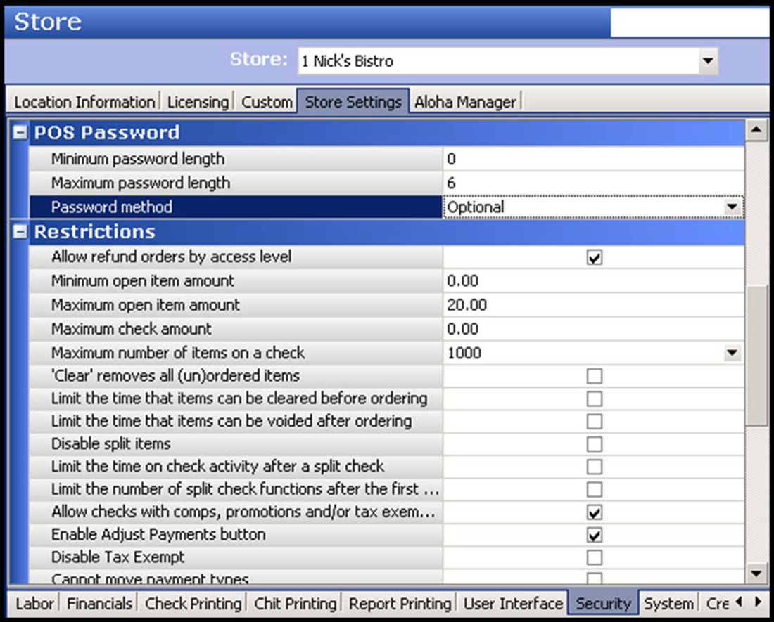 Sample store settings in maintenance catergory