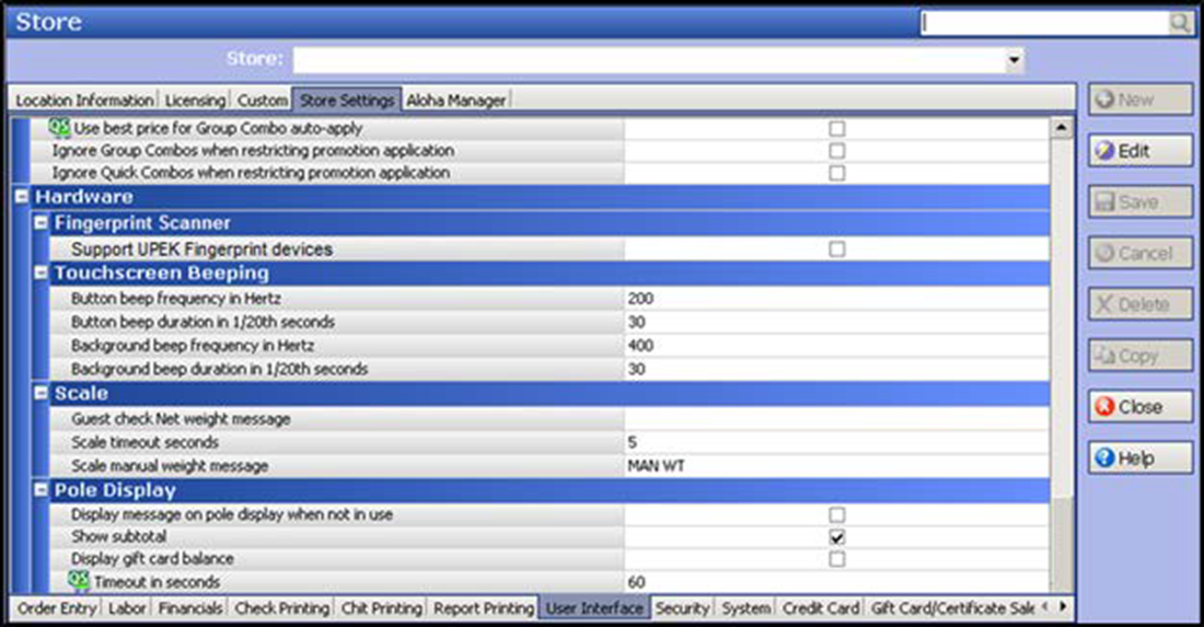 Hardware of user interface tab in store settings 