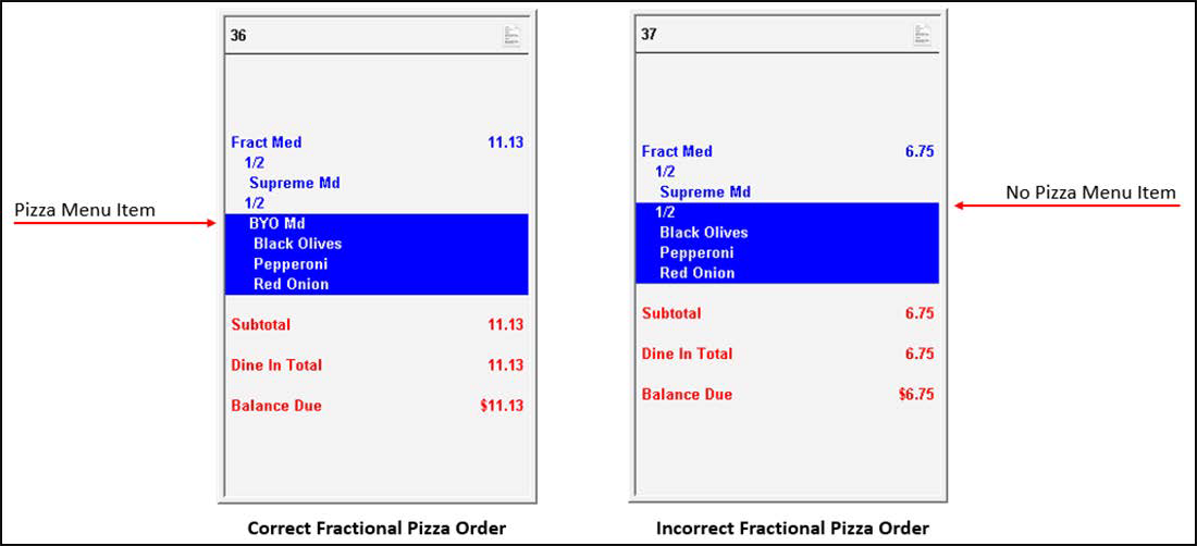  Example of fractional pizzas showing pizza menu item and no pizza menu item.