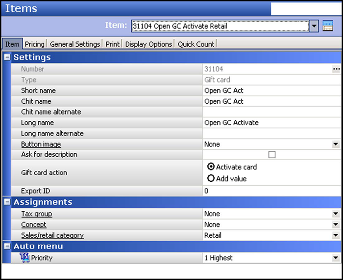 The Items dialog box appears