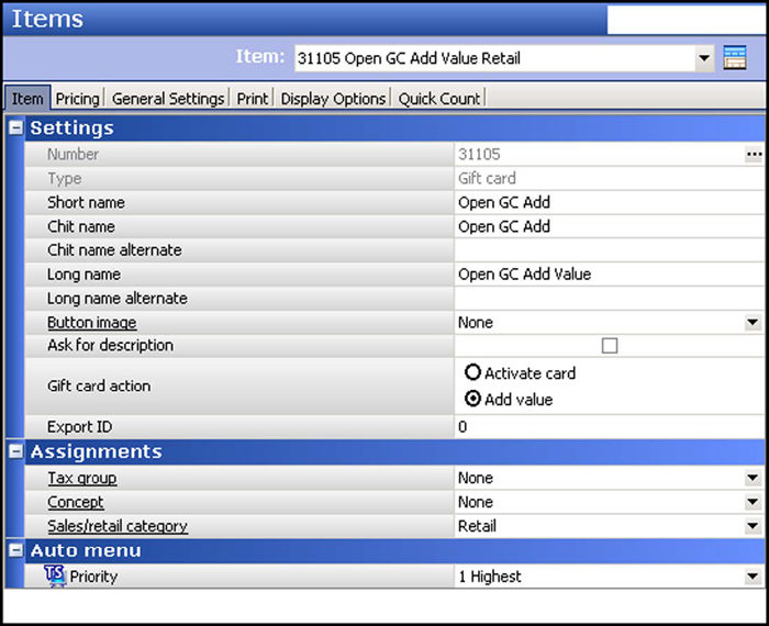 The Items dialog box appears