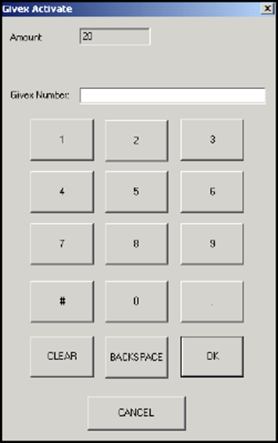 The Givex add Value/Activate screen appears