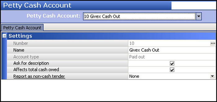 The Petty Cash Account dialog box appears