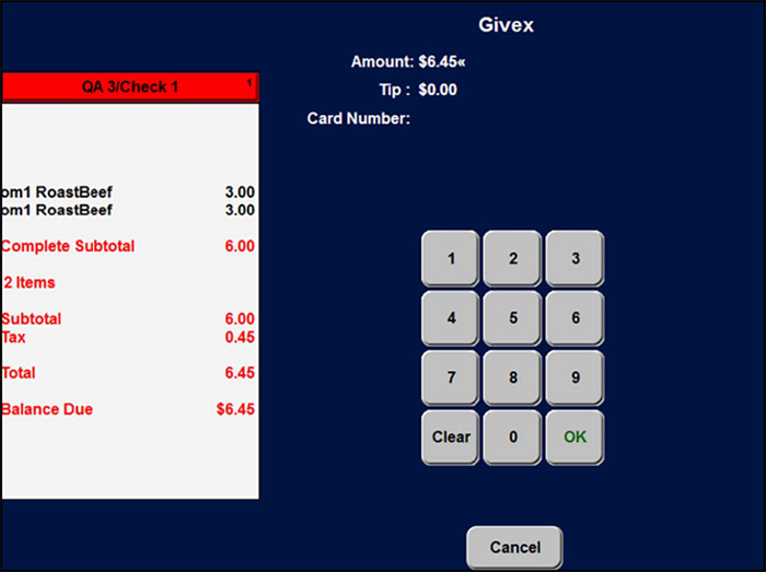The Givex tender screen appears