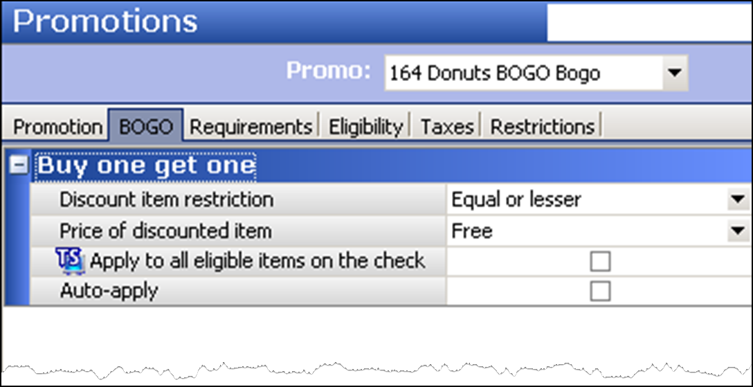 Bogo tab for a Bogo promotion in the Promotions function