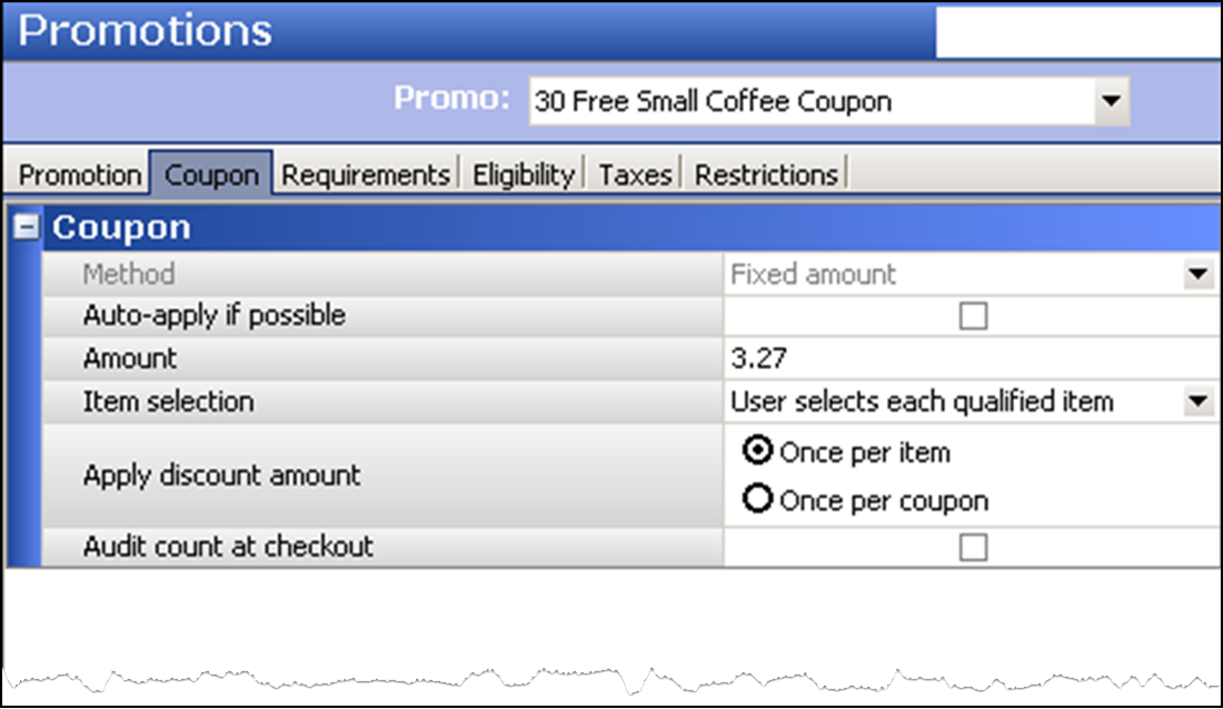 Coupon tab for a coupon in the Promotions function