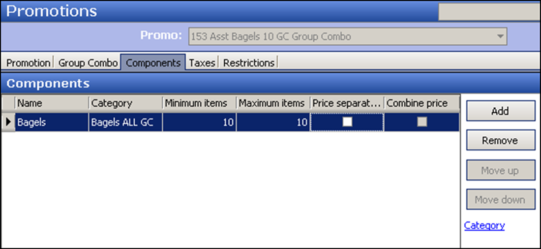 Defining the group combo components in the Promotions function