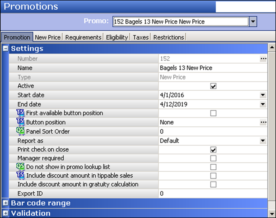 Promotion tab for a New Price promotion in the Promotions function