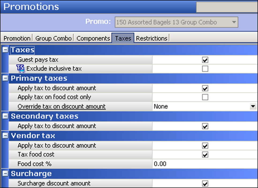 Taxes tab in the Promotions function