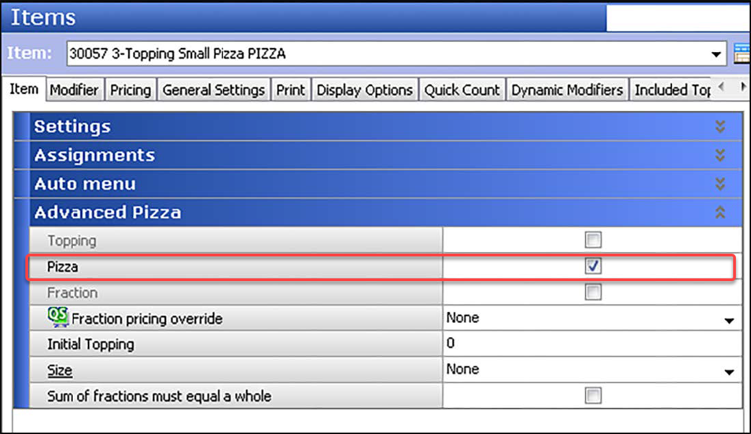 Sample of Items function, Item tab, Advanced Pizza group bar