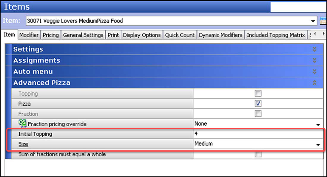 Sample of Items function, Item tab, Advanced Pizza group bar.