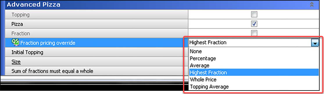 Advanced Pizza group bar , Fraction pricing override drop down showing pizza portion pricing method