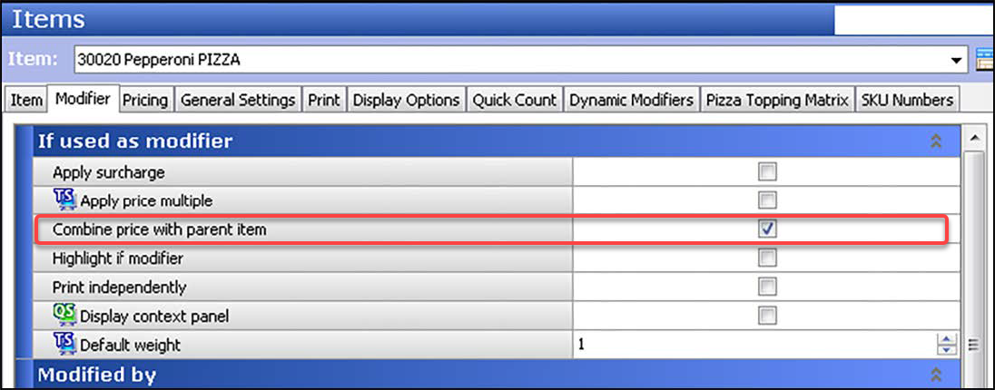 Sample of Items function, Modifier tab showing Combine price with parent item option