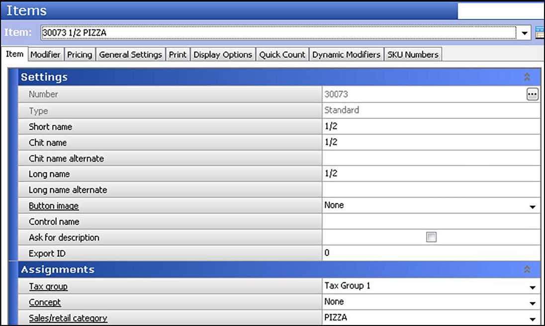 Sample of items function,item tab