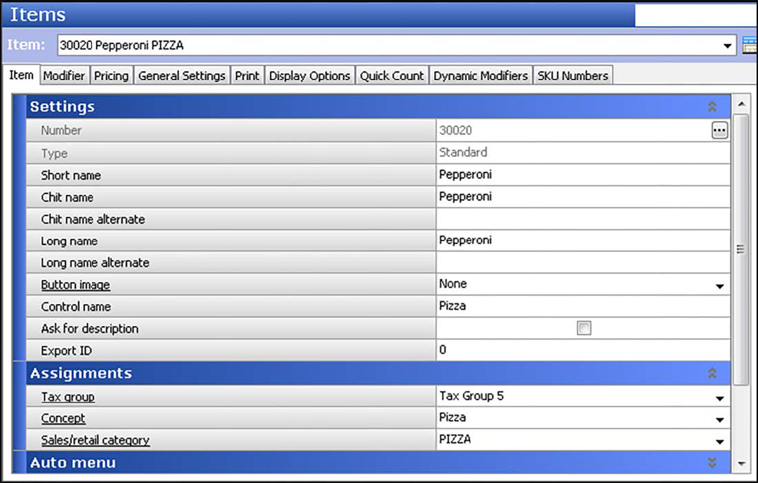 Sample of Items function, Items tab