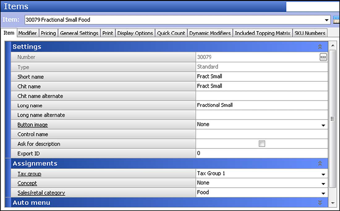 Sample of Items function, Items tab 