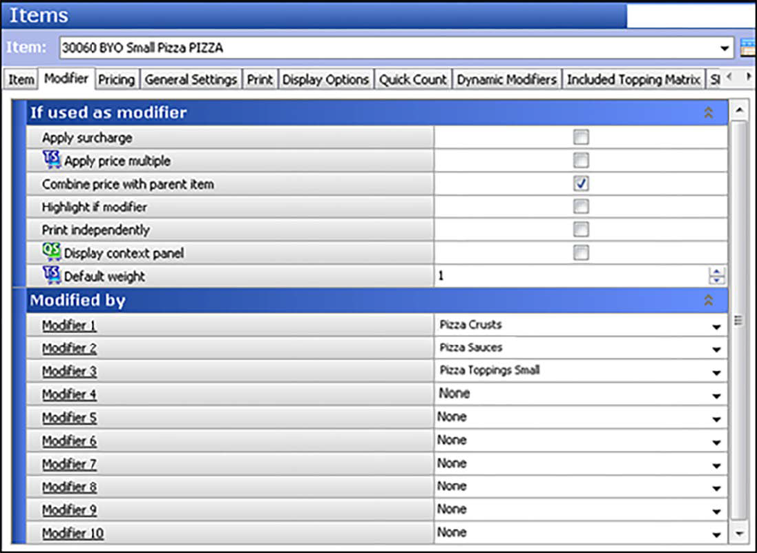 Items function, Modifier tab showing If used as modifier and modified by group bars with modifier list 1 to 10.