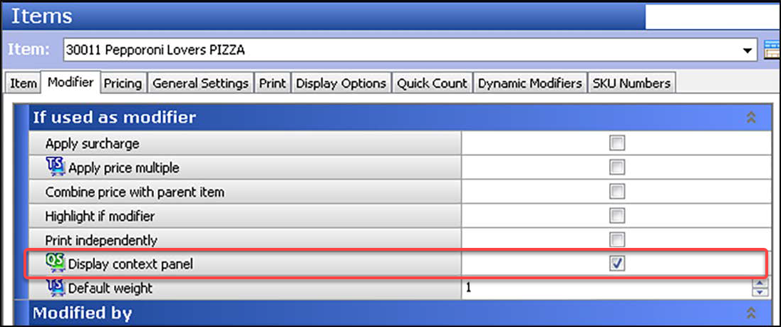 Sample Items function modifier tab