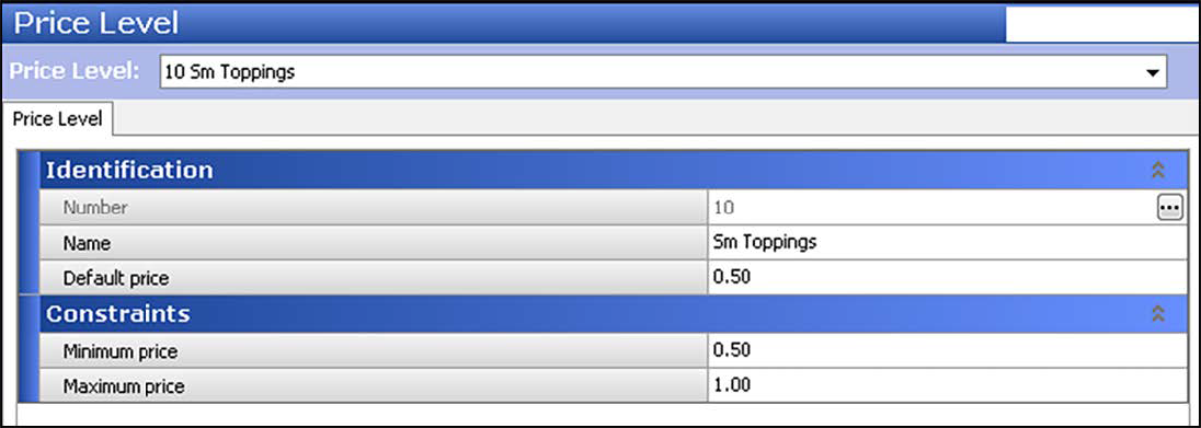 Sample of Price Level function, Price Level tab showing small toppings