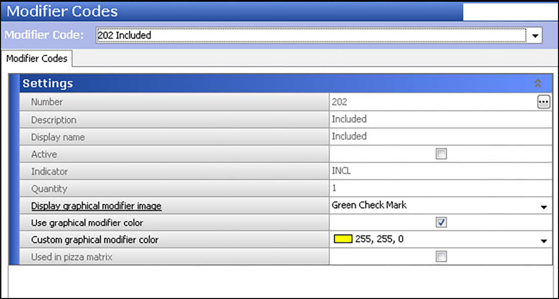 Sample of Modifiers Codes function, Modifier Codes tab.